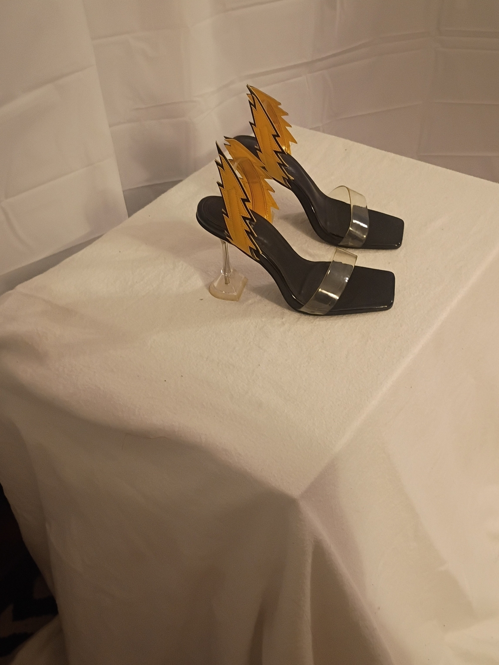 Black Heels with Yellow Lightning Accent and Clear Strap